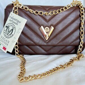 Valentino Orlandi Quilted Vegan Leather Shoulder Bag Gold Chain Brown NWT $279